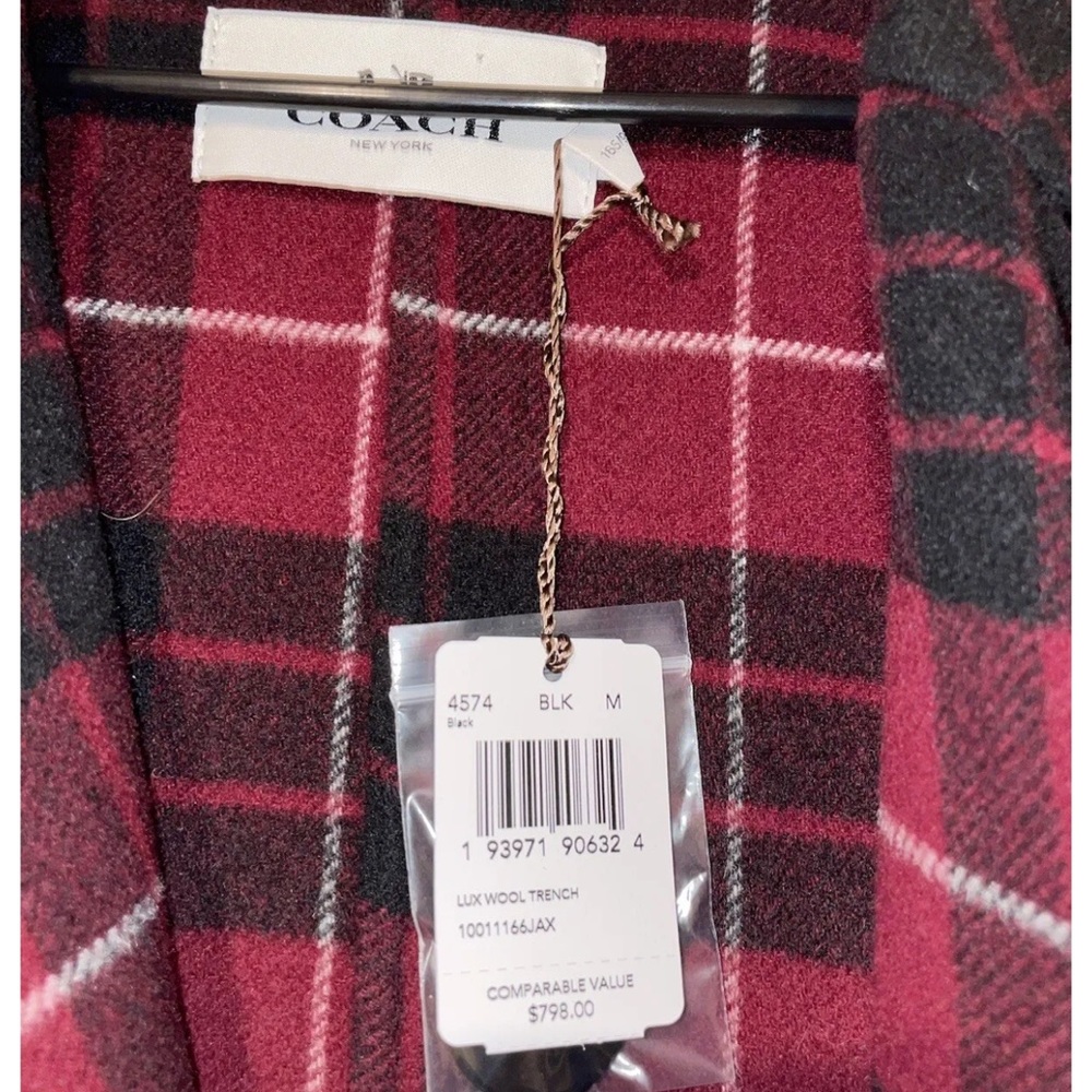 Women’s Coach Relaxed fit large Never Worn Wool Belted Trench Red Plaid Trim - Picture 2 of 11